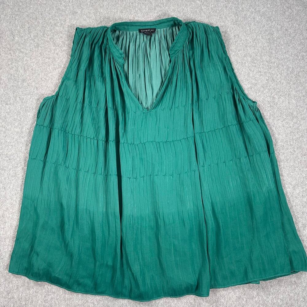 Current Air Pleated Sleeveless Blouse Women's Medium Green Satin V-Neck Flowy